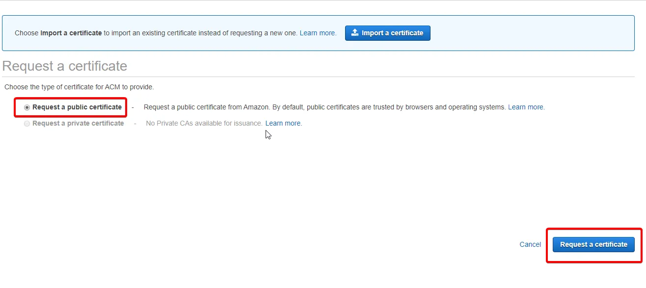 Creating SSL certificate in AWS ACM Step 3