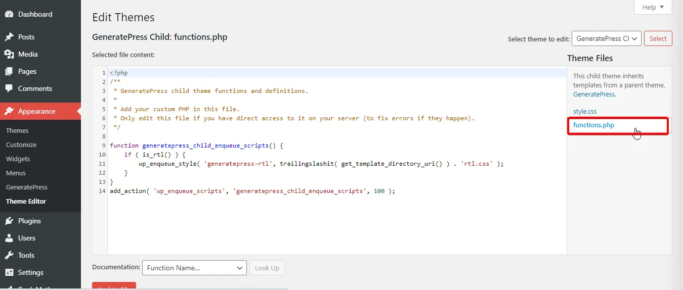 Editing functions.php